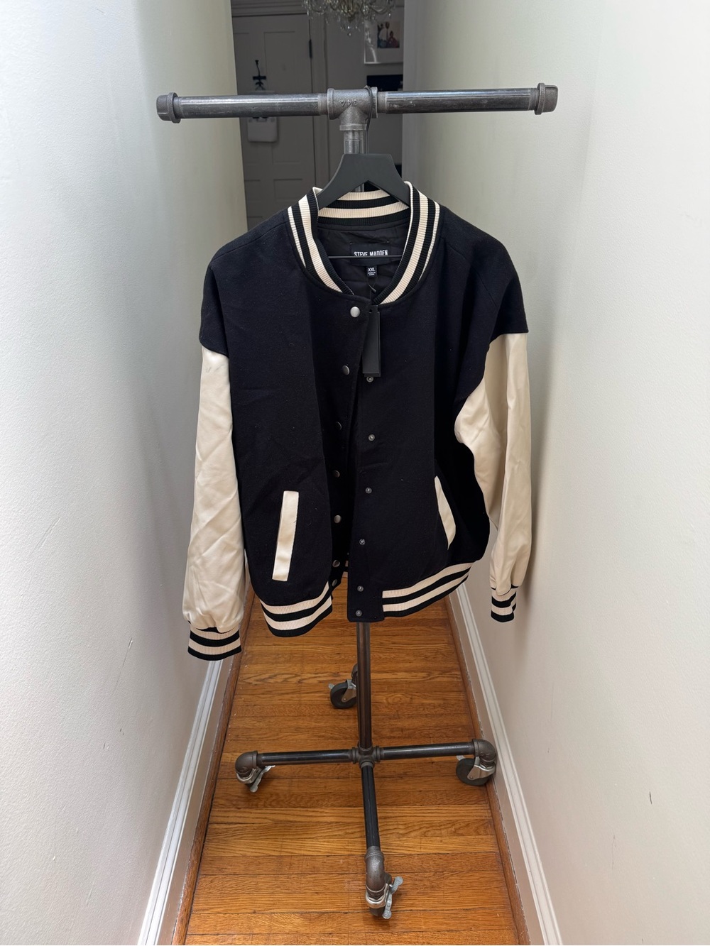 Steve Madden Black Bomber with Cream Sleeves